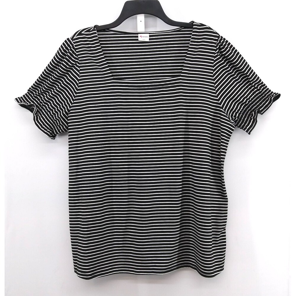 Wiholl Shirt Women Plus Size 2XL Black White Striped Short Sleeve Square Neck